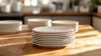 Stacks of white ceramic plates, bright natural lighting, wooden table surface, kitchen or restaurant setting, shallow depth of field, soft bokeh background, clean and minimalist.