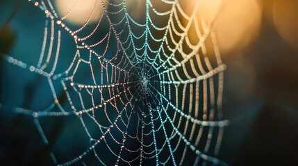 A close-up of a spider web adorned with dew drops, capturing nature's intricate beauty.