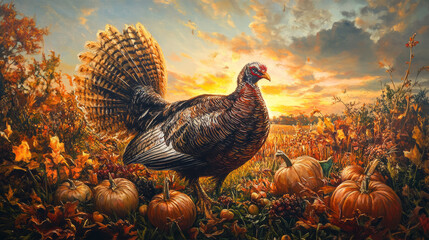 Illustration of a turkey standing in an autumn field with pumpkins and fall foliage at sunset. Thanksgiving and harvest season concept for design and print.