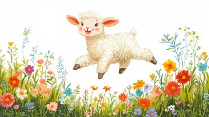 A happy little lamb leaps over a field of colorful wildflowers.