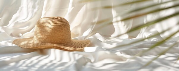 Wall Mural - Straw hat on soft, flowing white fabric under sunlight, evoking a sense of summer relaxation and elegance. Free copy space for banner.