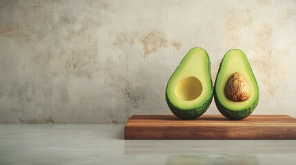 A close up of two avocados on a wooden cutting board