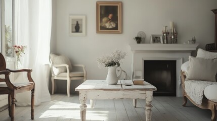 Old white table in the living room