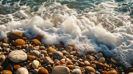 Wall Mural - Rocky beach with pebbles, foamy waves