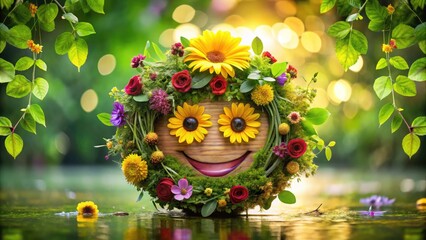 Vibrant green leaves and colorful flowers surround a smiling emoticon face, crafted from twigs and petals, positioned on a glowing earthy background with subtle water effect.