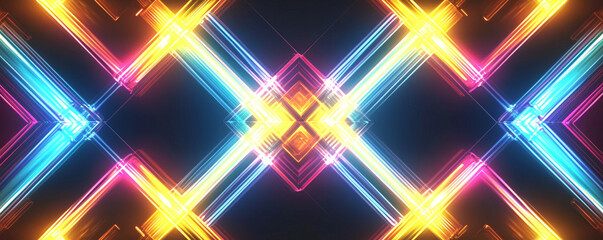 A neon lighting background with glowing yellow and blue tubes arranged in a repeating diamond pattern, creating a dynamic and eye-catching effect.