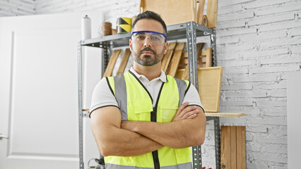 A confident hispanic man with a beard stands in a carpentry workshop, wearing safety goggles and a hi-vis vest.