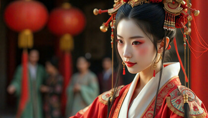 Beautiful chinese woman wearing traditional hanfu dress posing in front of temple