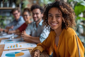 Wall Mural - Collaborative Boardroom: Diverse Colleagues Smiling and Brainstorming Financial Statistics