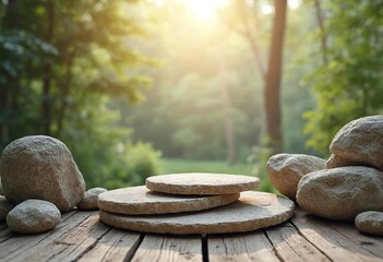 Poster - Rock podium in a natural light setting, spacious copy space, product showing