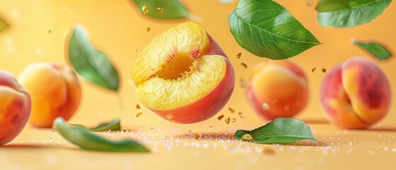 Wall Mural - Fresh peaches with green leaves arranged artistically, highlighting their vibrant colors and juicy texture. Free copy space for banner.