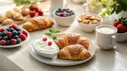 Wall Mural - A delightful breakfast spread featuring croissants, berries, yogurt, and coffee.