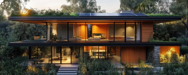 A modern eco-friendly house with solar panels, green roofs, and sustainable materials, showcasing the integration of environmental consciousness in contemporary architecture