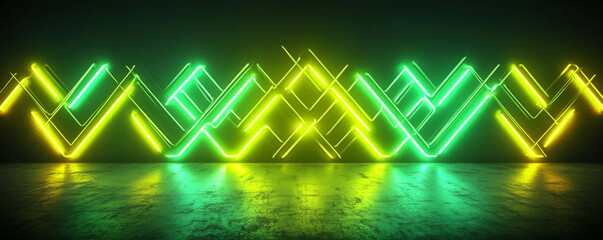 Wall Mural - A neon lighting background with glowing green and yellow tubes arranged in a zigzag pattern, casting an intense, electrifying light over a black surface.