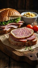 Wall Mural - Ham sandwich with spam, served on a rustic table for a fresh meal or snack.