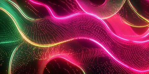 Wall Mural - A neon lighting background featuring neon pink and green lines forming an abstract, wave-like pattern, with light trails creating a sense of motion and energy.