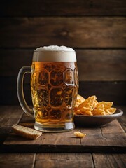 Wall Mural - Lager beer and snacks on a wooden surface, featuring space for text or design.