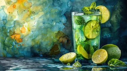 Watercolor depiction of a cold mojito cocktail with fresh mint leaves and lime wedges in a highball glass, set against a vibrant summer backdrop