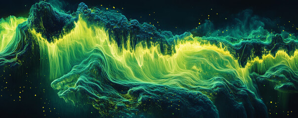 Wall Mural - A neon lighting background with a cascading waterfall of neon green and yellow light, creating a mesmerizing, fluid pattern that glows brightly.