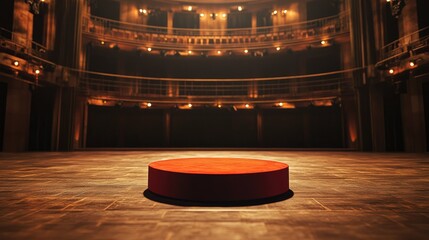 An empty theater stage bathed in warm spotlight glow, centered around a striking red round podium, ready for an upcoming performance.