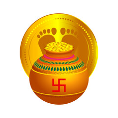 Canvas Print - Vector illustration of pot filled with gold coins in front of Lakshmi foot print coin on transparent background