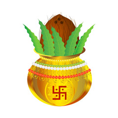 Wall Mural - Vector illustration of coconut with ashoka leaves in golden pot on transparent background