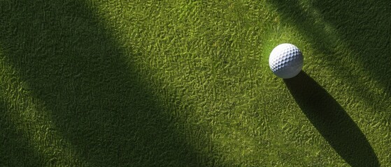 Wall Mural - A golf ball on a lush green course with a shadow, hinting at an unseen player preparing to swing. The scene exudes tranquility and space.