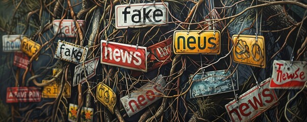 Wall Mural - Tangled web of fake news signs representing misinformation in media.