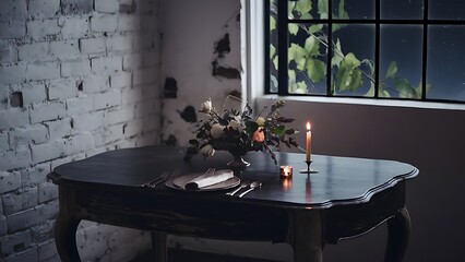 White brick wall and wooden table