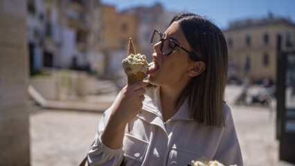 Wall Mural - A young hispanic woman enjoying ice cream on the sunny streets of bari in the old town area of puglia, italy, amid historic buildings and a lively atmosphere.