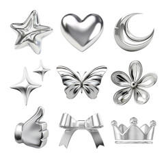3d chrome icon png element set, transparent background