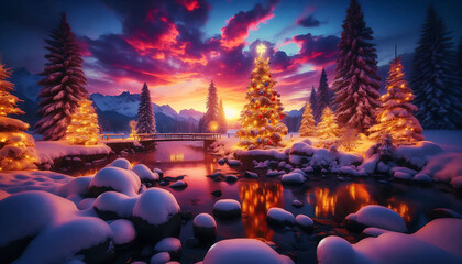 A winter landscape at dusk featuring a beautifully illuminated Christmas tree adorned with lights and a tranquil river reflecting the vibrant hues of a sunset