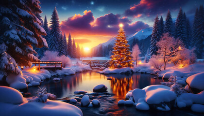 A winter landscape at dusk featuring a beautifully illuminated Christmas tree adorned with lights and a tranquil river reflecting the vibrant hues of a sunset