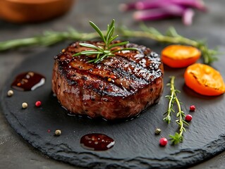 Wall Mural - Grilled Steak Photo - Juicy Beef Tenderloin with Rosemary, Tomatoes, and Spices