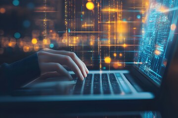 Wall Mural - person typing on a laptop with blurry digital code in the background
