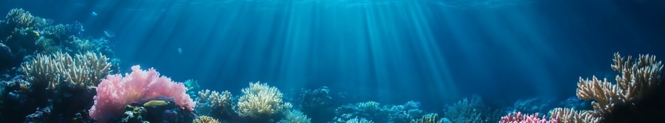 Wall Mural - Underwater scene with coral reef and sunlight rays.