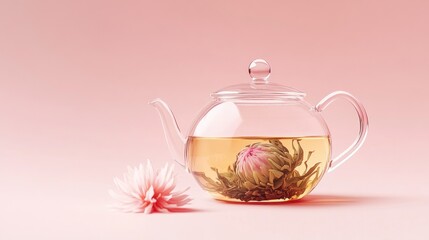 Wall Mural - A glass teapot with blooming tea and a flower beside it against a soft pink background.