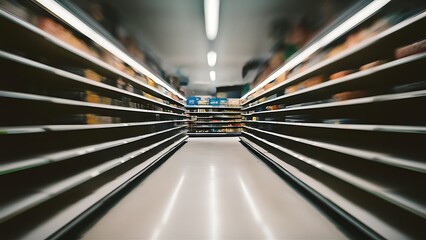 Supermarket aisle empty defocused boke motion background