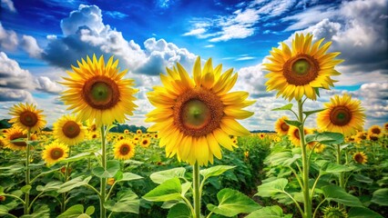 Canvas Print - Vibrant sunflowers stand tall amidst a lush green meadow, swaying gently in the warm summer breeze under a bright blue sky with puffy white clouds.