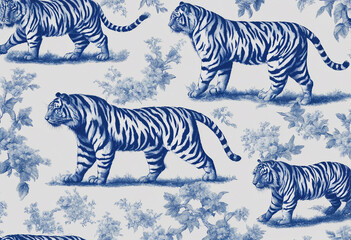 Toile de jouy motif seamless with tiger blue and white