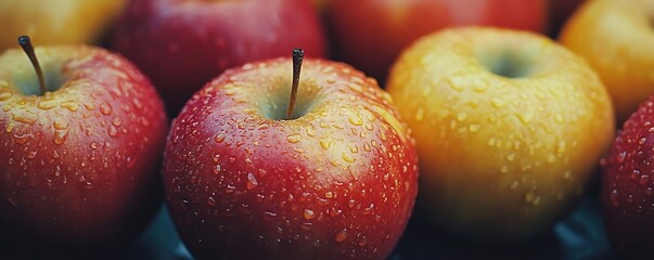 Wall Mural - Photo - Fresh Red Apples with Water Droplets