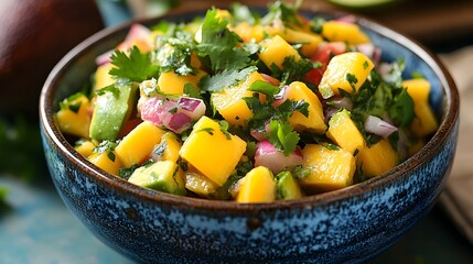 Wall Mural - Vibrant Avocado and Mango Salad with Freshly Chopped Cilantro and Zesty Lime Dressing