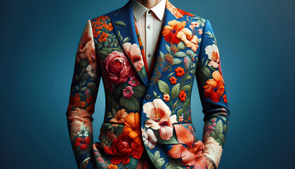 A person in a vibrant floral suit stands against a solid blue background, showcasing creative fashion.