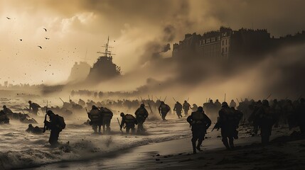 A dramatic photo of Allied troops landing on the beaches of Normandy on D-Day. 