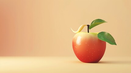 A red apple with a green leaf on a yellow background.