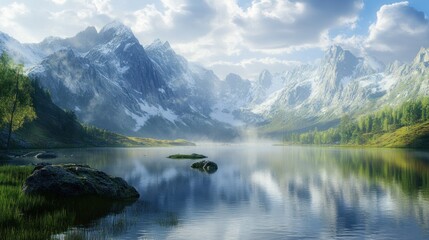 Canvas Print - Serene Mountain Lake with Misty Peaks