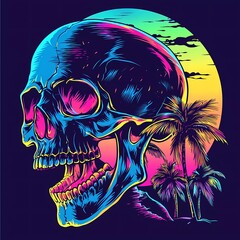 Wall Mural - Original vector illustration in retro neon style. Abstract skull with open jaws, with sunset and palm trees. 