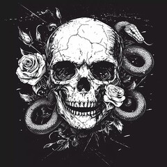 Wall Mural - Skull poster design. Vector illustration of human skull with roses, snakes and ink splashes in engraving technique on black background.