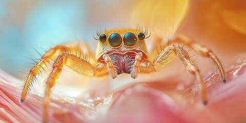 A detailed macro photograph focusing on a colorful spider against a vibrant, abstract background with intricate details.