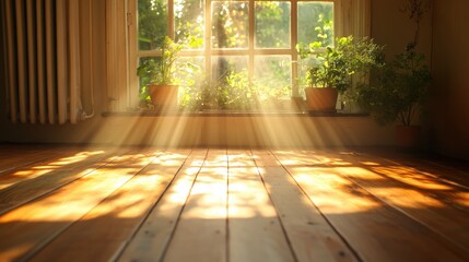 Wall Mural - A sunlit room with wooden floors, showcasing plants on the windowsill and rays of light filtering through the window, creating a warm and inviting atmosphere